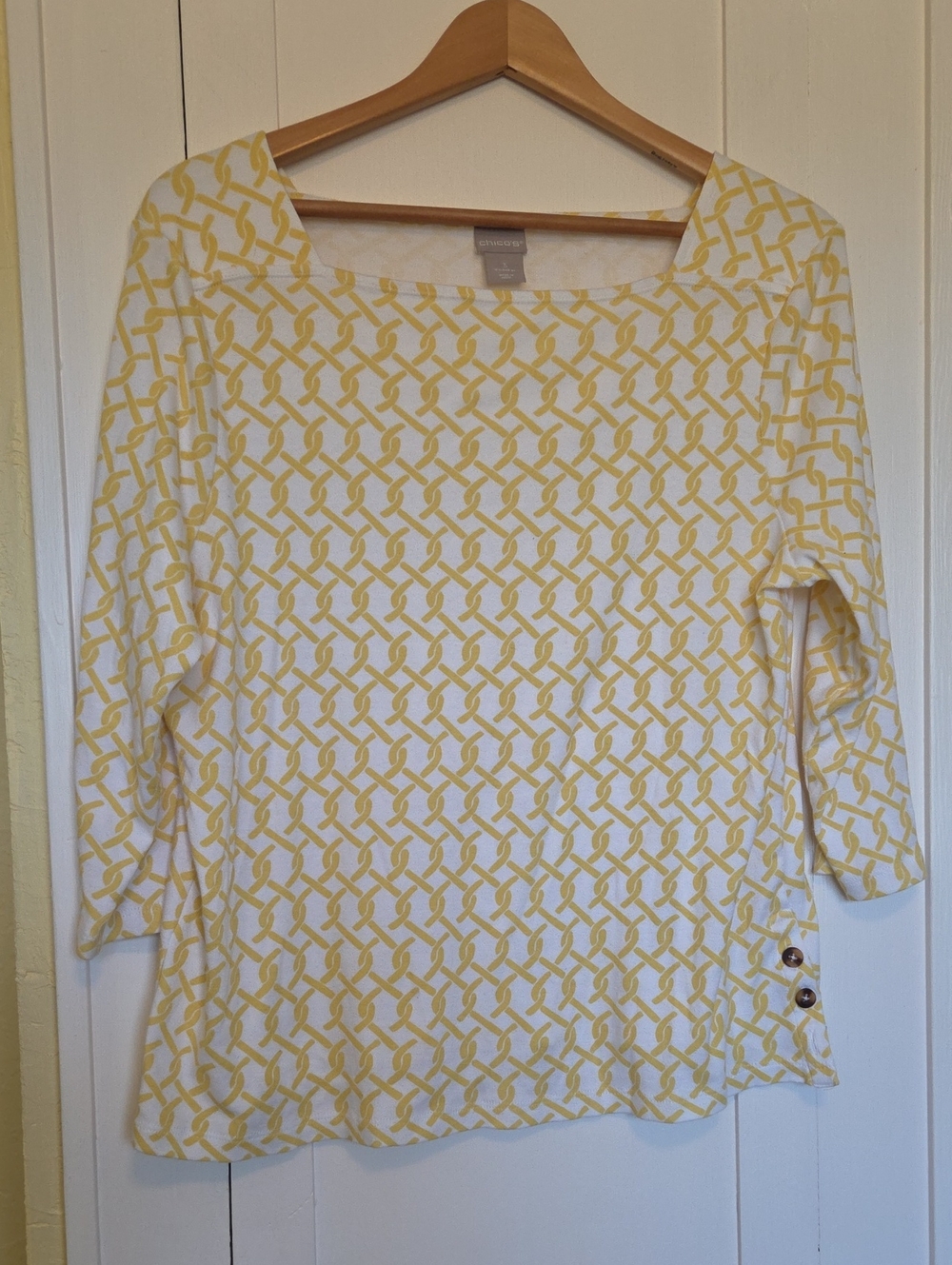 Chico's White and Yellow Geometric Long‑Sleeve Boatneck Top